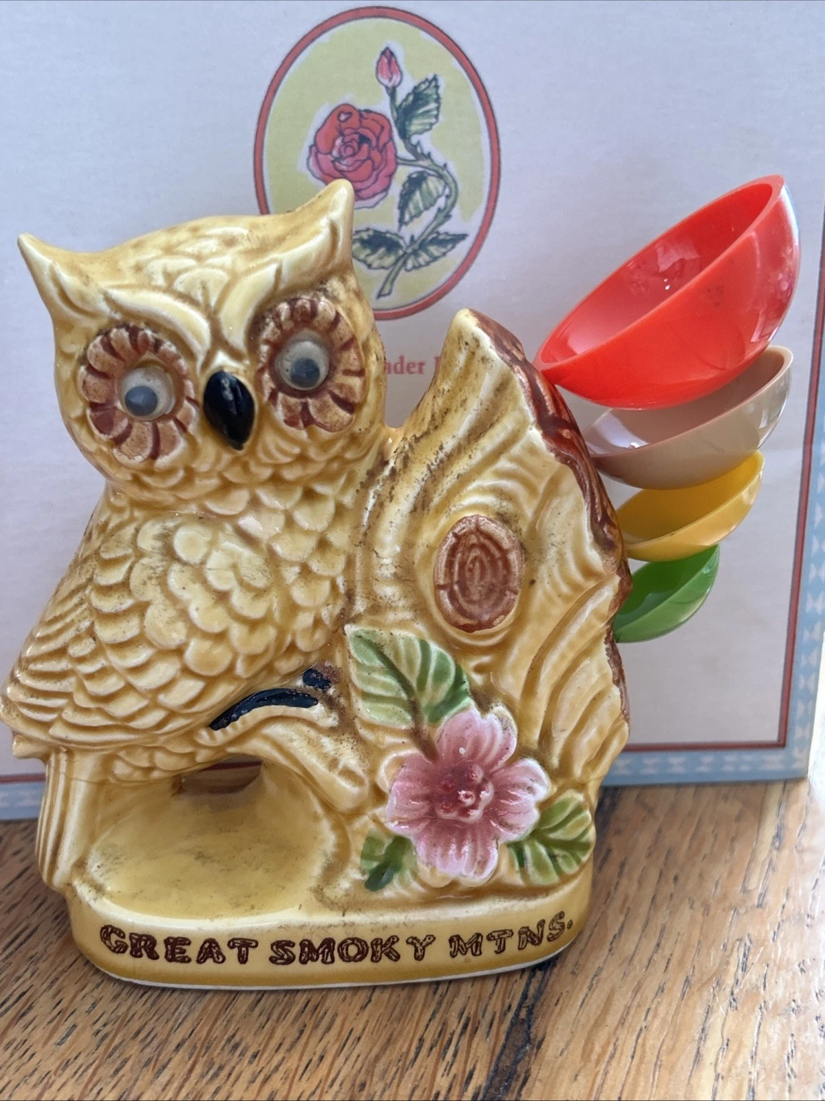 Vintage Ceramic Owl Figurine Kitchen Measuring Spoon Holder Great Smoky Mtn