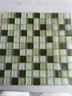 Light green Mix Glossy Glass Mosaic 1''x1'' Stacked Mesh Mounted