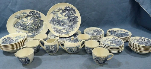 55PC ENOCH WEDGWOOD COUNTRYSIDE BLUE BONE CHINA DINNER SET FOR 5*EXTRAS*SERVING