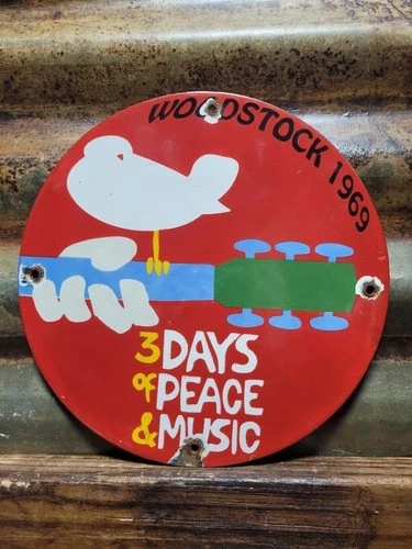 VINTAGE WOODSTOCK PORCELAIN SIGN OLD 1969 HIPPIE PEACE MUSIC FESTIVAL NEW YORK