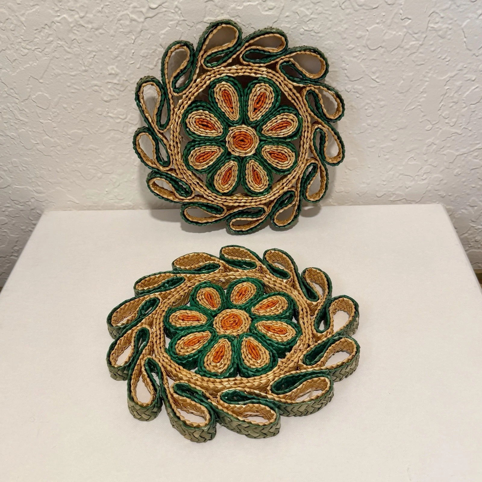 Vtg Straw Trivets Boho Raffia Woven Hot Pot Kitchen Cooking Housewarming Gift - product detail image 1
