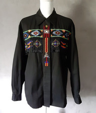 Vintage 90's Lew Magram NY Black Size 14 Beaded Western Shirt Aztec 4" Fringe
