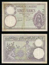 1941 Tunisia 20 Francs Bank of Algeria Banknote P# 6b Maiden in Head Dress VF+++