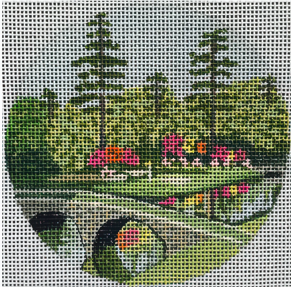 Needlepoint Handpainted Christmas Purple Palm Golden Bell Augusta 4" - Image 3 of 4