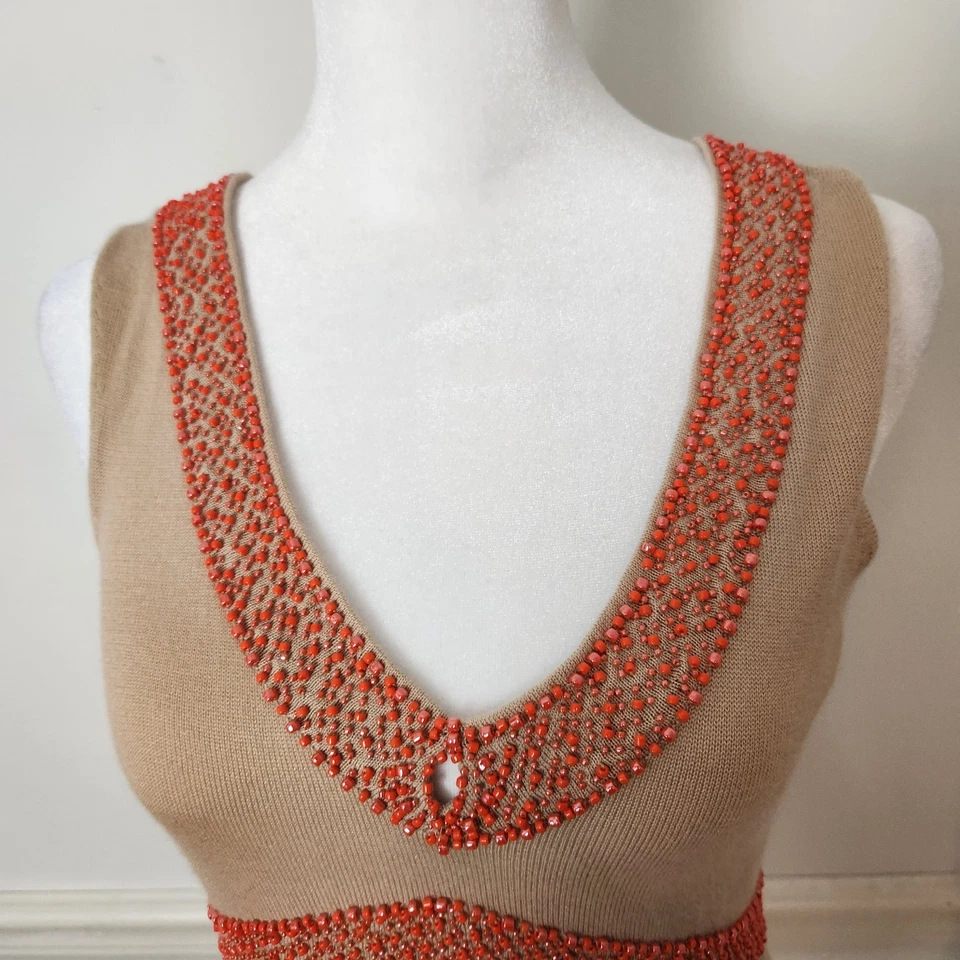 New Vtg Y2K Saks Fifth Avenue Cashmere Sweater Tank Top XS Womens Bead Boho Tan - Image 2 of 4