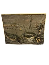 Vtg Silver ARG 925 3D Relief Picture Beached Sailboats Middle Eastern Houses 5x4