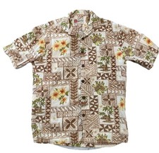 Vintage Hilo Hattie Men's Tan Floral Bark Cloth Hawaiian Button-Down Shirt S