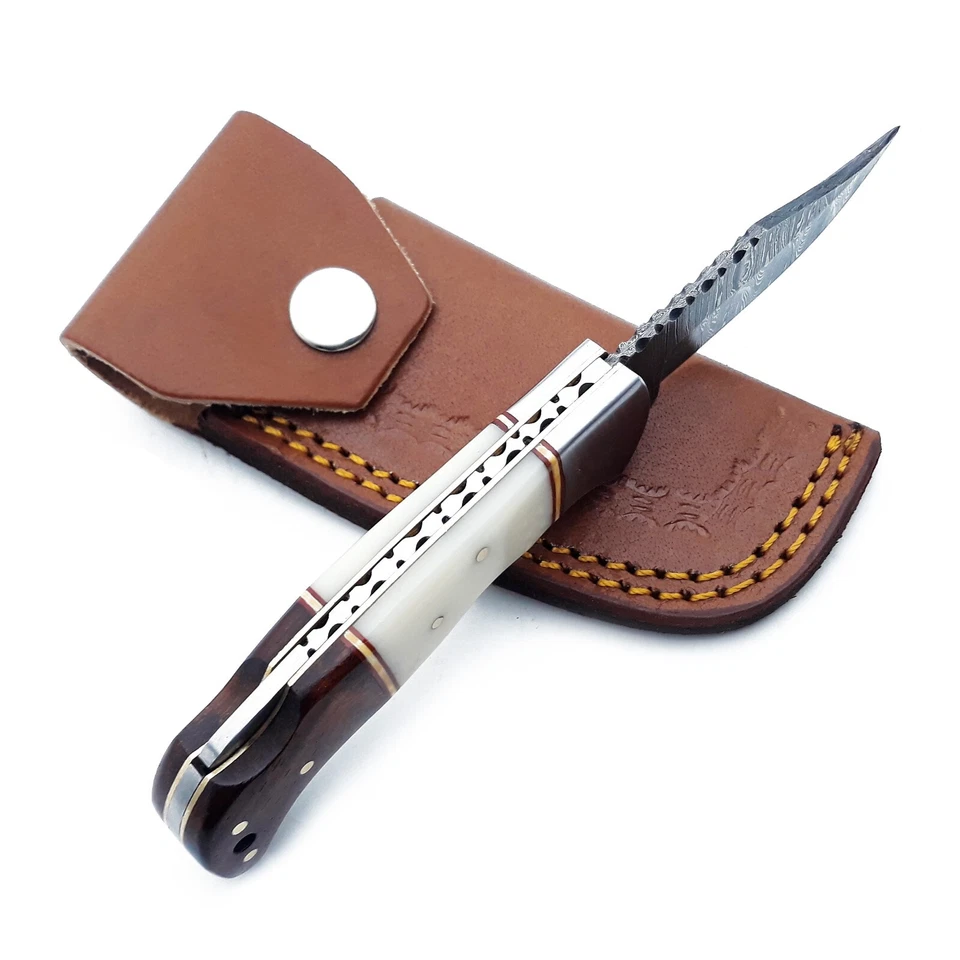 Cuchillo de bolsillo plegable con bloqueo trasero hecho a mano Damasco camping caza cuchillo bolsa Foto 4 de 4