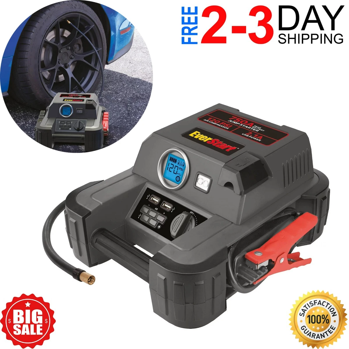 Auto battery jump starter air compressor 750 peak amps portable car suv charger deals