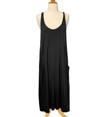 Eileen Fisher System Black Tank Midi Dress Viscose Spandex Pockets Swing Size S