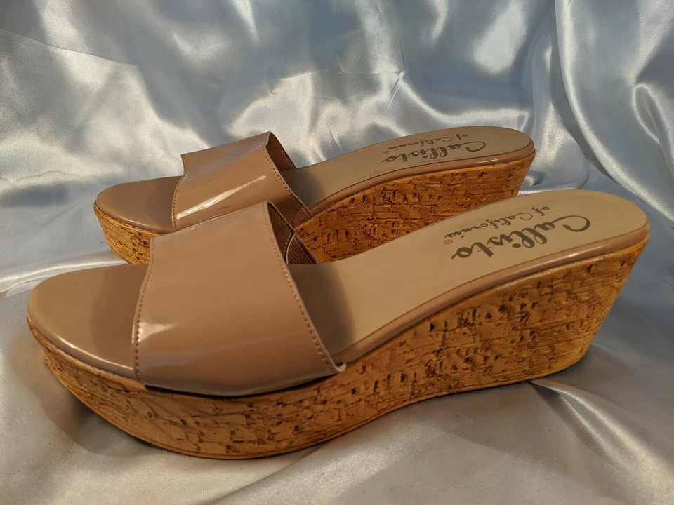 Sandalias Callisto of California beige charol desnudo corcho tacón de cuña talla 10 sin cordones Foto 4 de 4