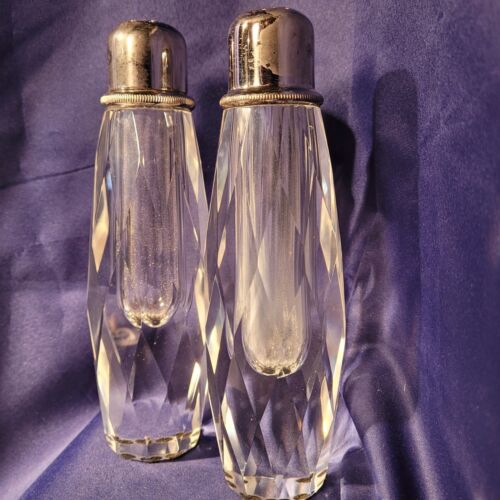 Deco Modern pair of tall and heavy cut lead glass Salt Shaker and Pepper Mill - Afbeelding 1 van 7