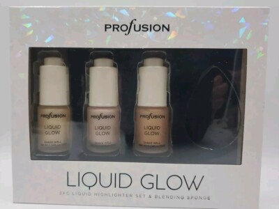 Profusion Cosmetics Liquid Glow 3pc Highlighter Set & Blending Sponge New In Box
