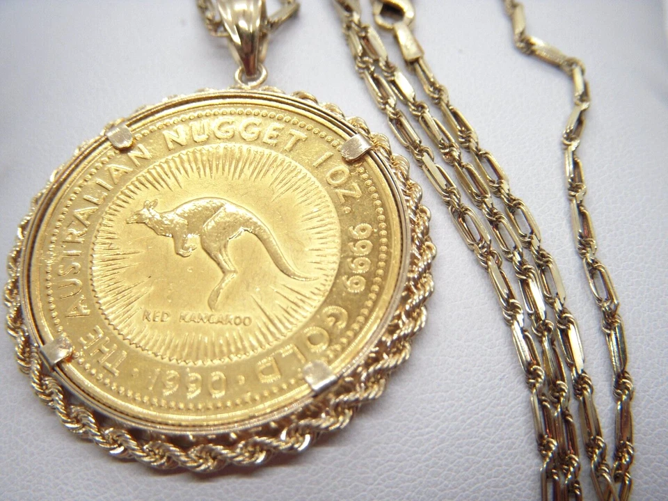 Collar australiano 1990 1 oz oro .9999 $100 bisel canguro 21 pulgadas L ahorra #2062 Foto 3 de 4