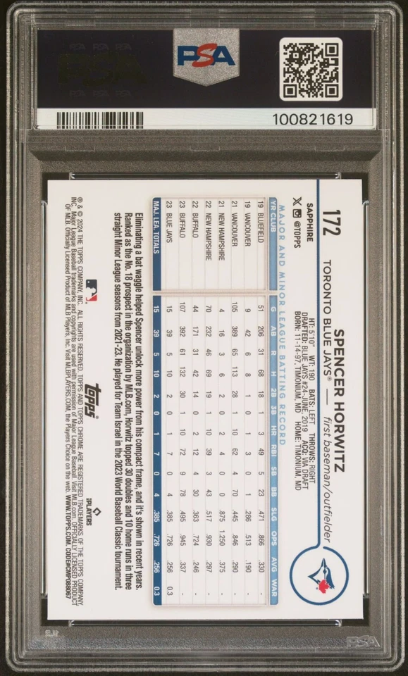 2024 Topps Chrome Sapphire Spencer Horwitz RC Gold /50 PSA 9 #172 - Image 2 of 2