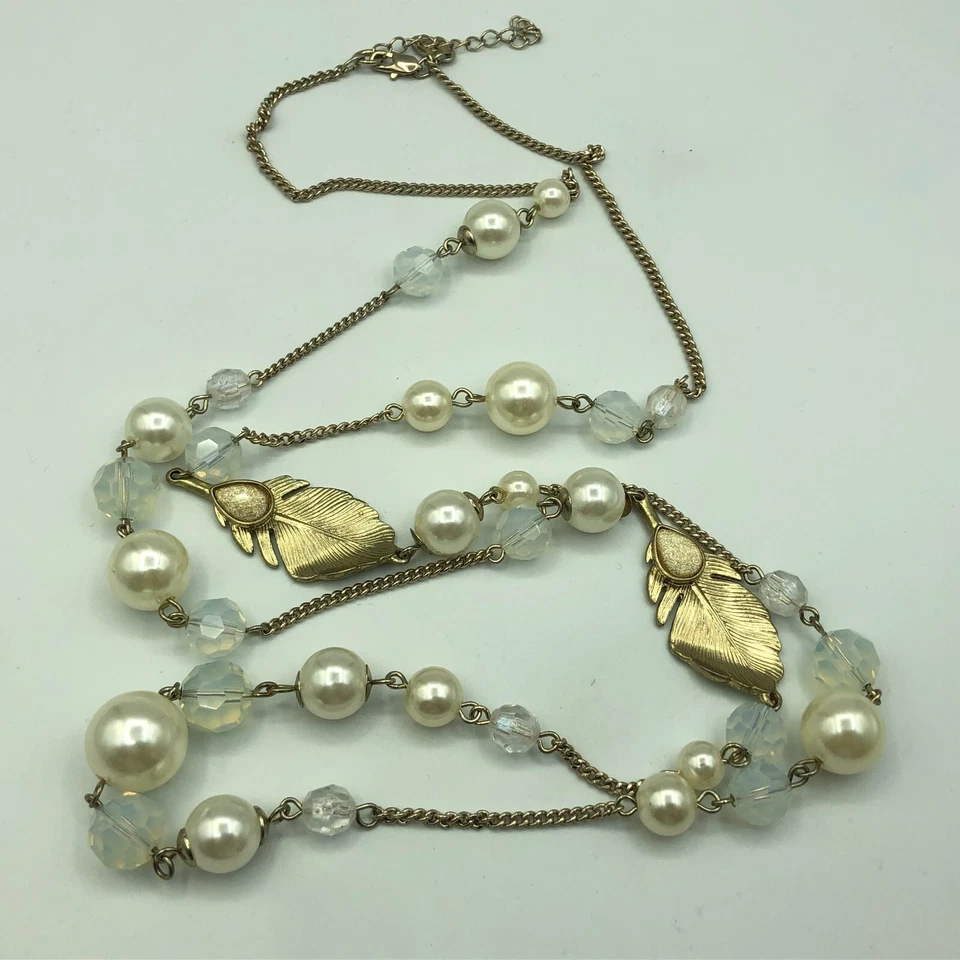 NEXT Long Gold Tone Necklace Faux Pearl & Clear Bead Retro Festival Boho Hippy - Image 2 of 4