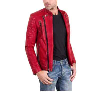 Stylish Motorcycle Biker Men's Red Jacket Handmade Leather Genuine Lambskin Soft
