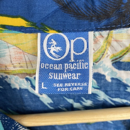 Vintage Ocean Pacific Hawaiian Shirt Mens Size L Blue Sea Floral Sunwear Boat - Picture 3 of 13