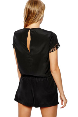 Tutina corta nera donna tuta intera pizzo overall semi lucida