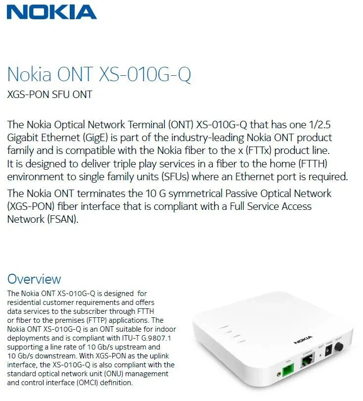 Nokia 3FE49328AA XS-010X-Q XGS PON ONT 1x 100M/1G/2.5G/5G/10G US