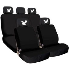 For Nissan Car Seat Covers Set Black Cloth & Eagle Logo Headrests Universal Fit
