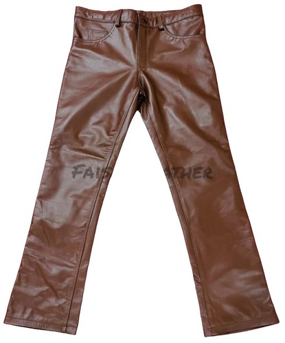 Men's Distressed Brown Leather Motorcycle Pants – Genuine Cowhide, 5-Pocket Jean Style, Soft Finish