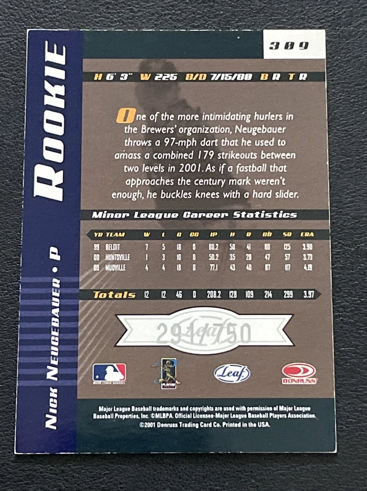 2001 Leaf Limited NICK NEUGEBAUER Autograph RC #'d 291/750 #309 - Image 2 of 2