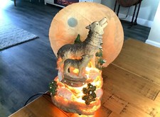VTG HOWLING WOLVES MAMA WOLF & BABY CUB FULL MOON FIBER-OPTIC NIGHT LIGHT LAMP