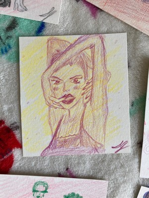 ACEO original art pose fashion textured pink & yellow figure sketch