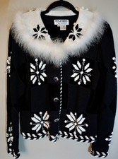 Vintage JACK B. QUICK CHRISTMAS SWEATER Black White Feathers Embroidery P Small