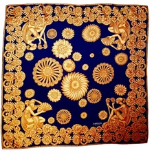 Vintage LANVIN PARIS Baroque Rococo Print Silk Scarf Navy/Marigold 34"x34"