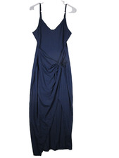 Shein Womens Ribbed Knit Midi Dress V-Neck Front Hem Sleeveless Size L Blue