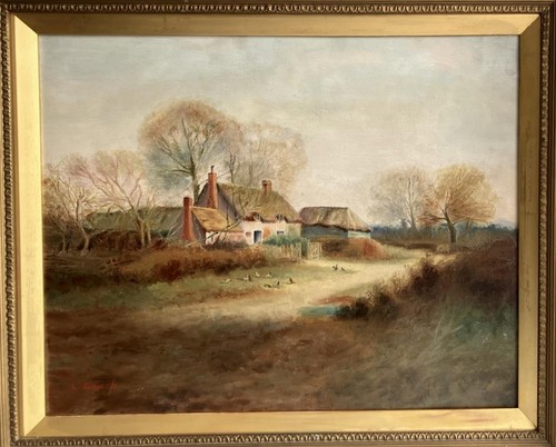 ANTIQUE OIL PAINTING Large British Primitive Cottage Landscape By JONES 1911 - Picture 4 of 13