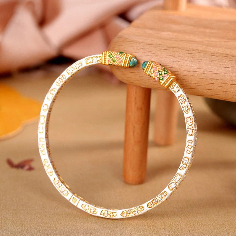 Versatile 25 Gram Fine Silver Bangle Gold Gilding Good Fortune Words Adjustable - Image 2 of 4