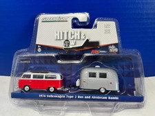 1/64 GREENLIGHT HITCH & TOW 1974 VOLKSWAGEN TYPE 2 BUS RED & AIRSTREAM BAMBI