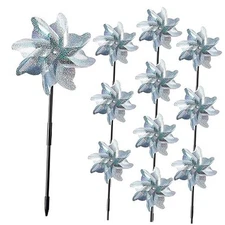 10 Pieces 21 Inches Silver Reflective Pinwheels with Stakes, Windmill Wind 