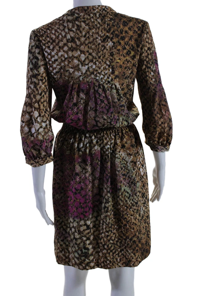 Eliza J Womens Brown Printed V-neck 3/4 Sleeve Smocked Shift Dress Size 2 - Image 3 of 4
