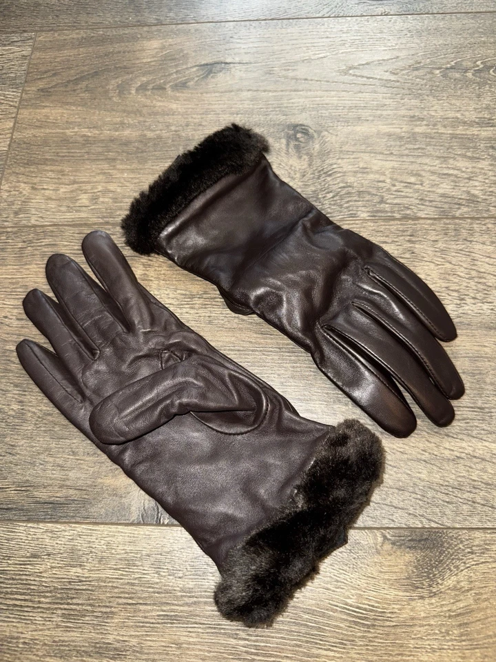 Guantes de Colección Aris Para Mujer 100% Cuero Genuino Con Borde de Piel Negro Marrón Talla M Foto 2 de 4