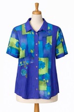 Vintage 90s Abstract Art Blouse Womens L Blue Art To Wear Button Up NWT