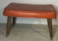 Vintage Retro MCM Orange Vinyl Footstool Bench Wood Legs 21”x12.5”x12.5”