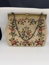 Vintage 50's original Floral needlepoint Handbag Purse brass ornate frame