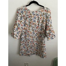 Zara Basic Floral Mini Dress Bell Sleeve Wildflower Print White XS Made in Spain