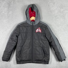 Jordan Puffer Jacket Boys Large Black Gray Hooded Padded Nike Air Fleece Lined