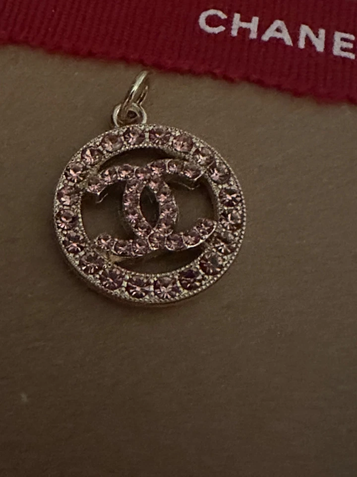 Pink Chanel metal stamped charm lightweight, pretty, pink crystals, cc logo, - Image 2 of 4