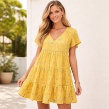Urban Outfitters Dress Womens XS Yellow Pippa Tiered Floral Boho Cottage