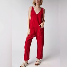 Image of BNWT Free People We The Free High Roller Red Denim Jumpsuit Sz Small