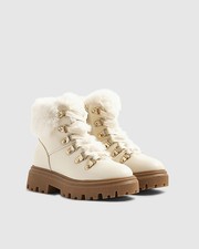 River Island Girls Hiker Boots Cream Lace Up Side Zip Cleated Sole Shoes
