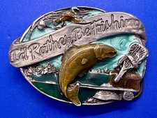 I'd Rather Be Fishing Belt Buckle   Colored Enamel Vtg 1990 Siskiyou Buckle Co.