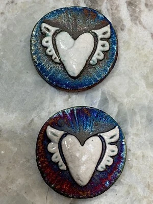 HANDMADE (2) Winged Heart Medallions "I am Courage" Raku Pottery NEW