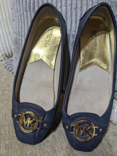 Michael Kors Fulton Womens 9.5 Navy Blue Leather Ballet Flats Shoes Silver Logo - Foto 1 di 8